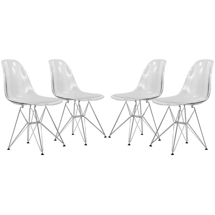 Cresco Collection Transparent Acrylic Chrome Eiffel Legs Set of 4 Modern Dining Chairs for Kitchen, Dining Room, and Home Office