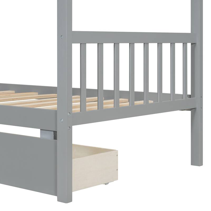 Twin Size Wooden House Bed with Storage Drawers, Gray - Space-Saving Kids Bed with Solid Pine Frame
