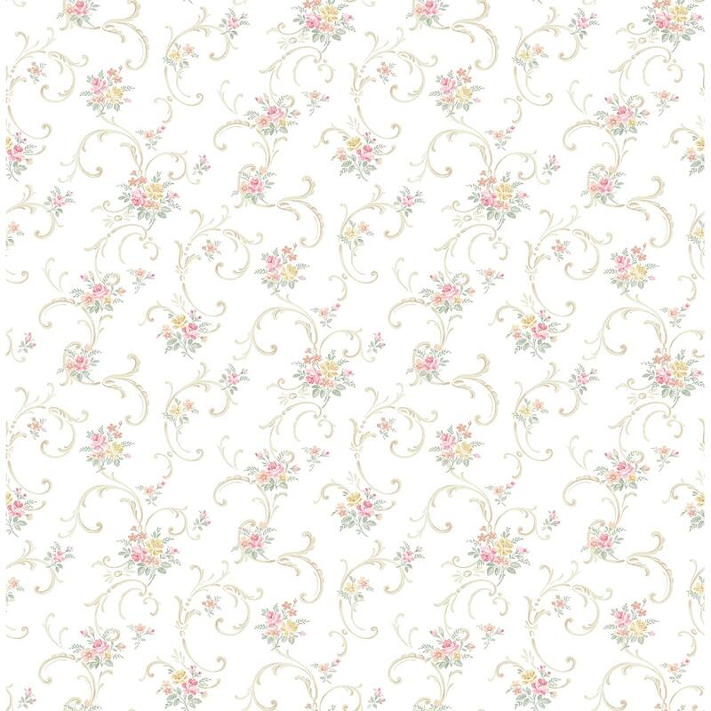 Seabrook Designs Nicolai Bouquet Floral Scroll Unpasted Wallpaper - 20.5 in. W x 33 ft. L - Metallic Pink & Yellow