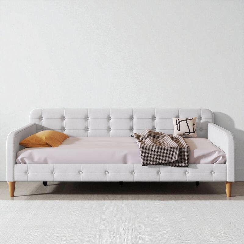 Twin Size Upholstered Daybed with Linen Fabric, Solid Wood Frame, No Box Spring Needed, 400 lb Capacity