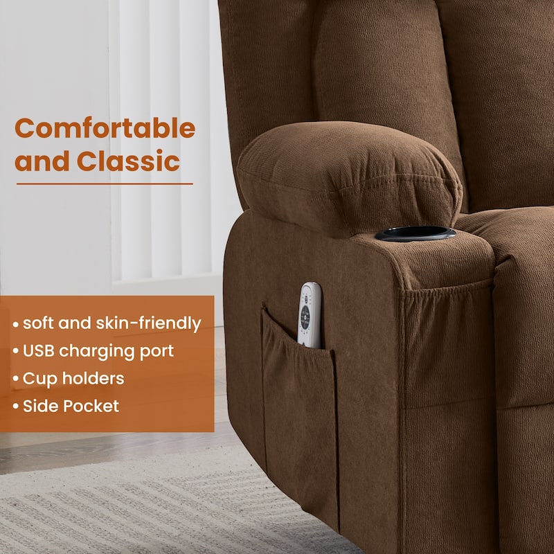 Swivel Rocker Recliner Chair with Vibration Massage & Heat, USB Port & Cup Holders for Living Room