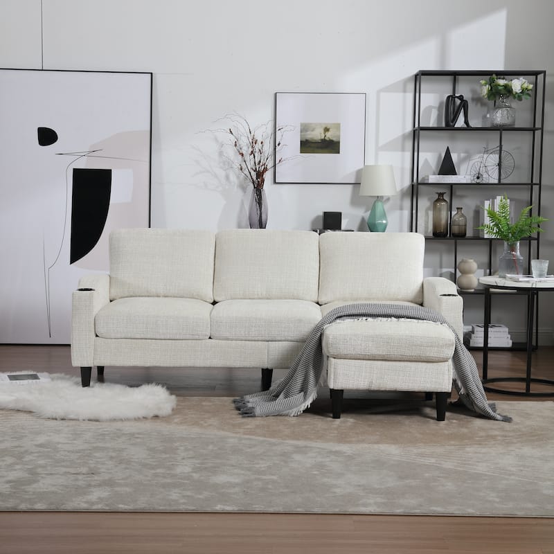 Chenille Deep Seat Couch with Chaise, L-shaped Sectional Sofa with Storage Ottoman, Cup Holders and Side Pockets for Living Room - Beige