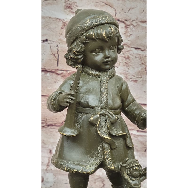 Bronze Winter Child Sculpture – Girl With Horn And Doll Figurine On Base