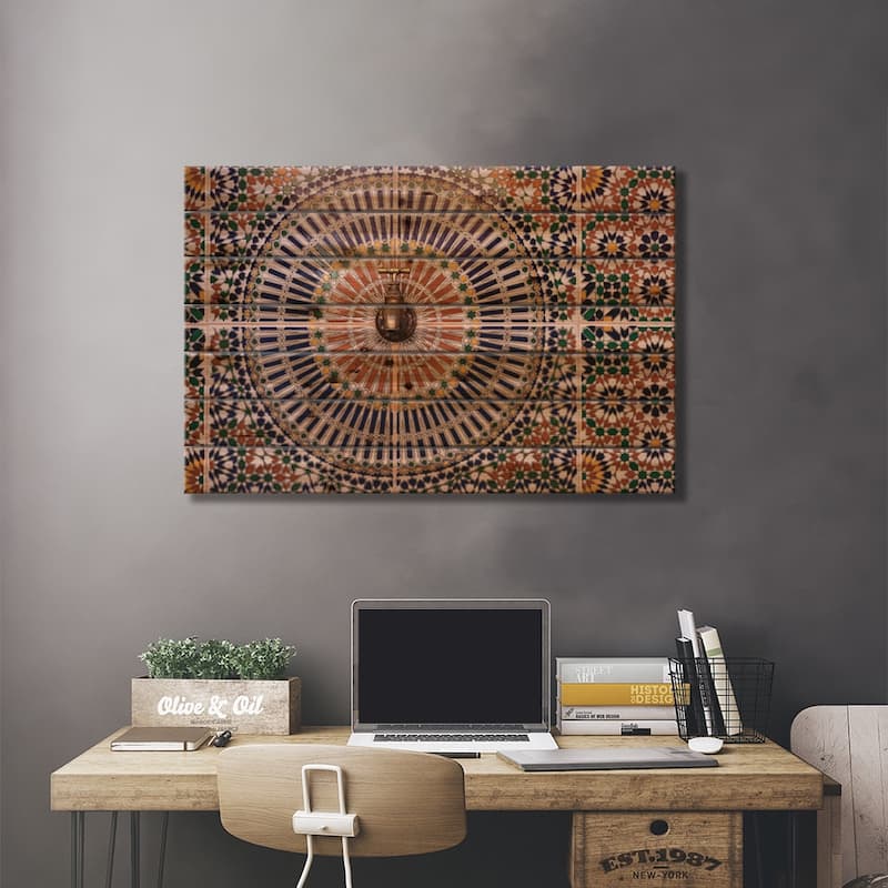Africa, Morocco. Close-Up Of Tile Design Patterns Around Faucet. Print On Wood by Jaynes Gallery - Multi-Color
