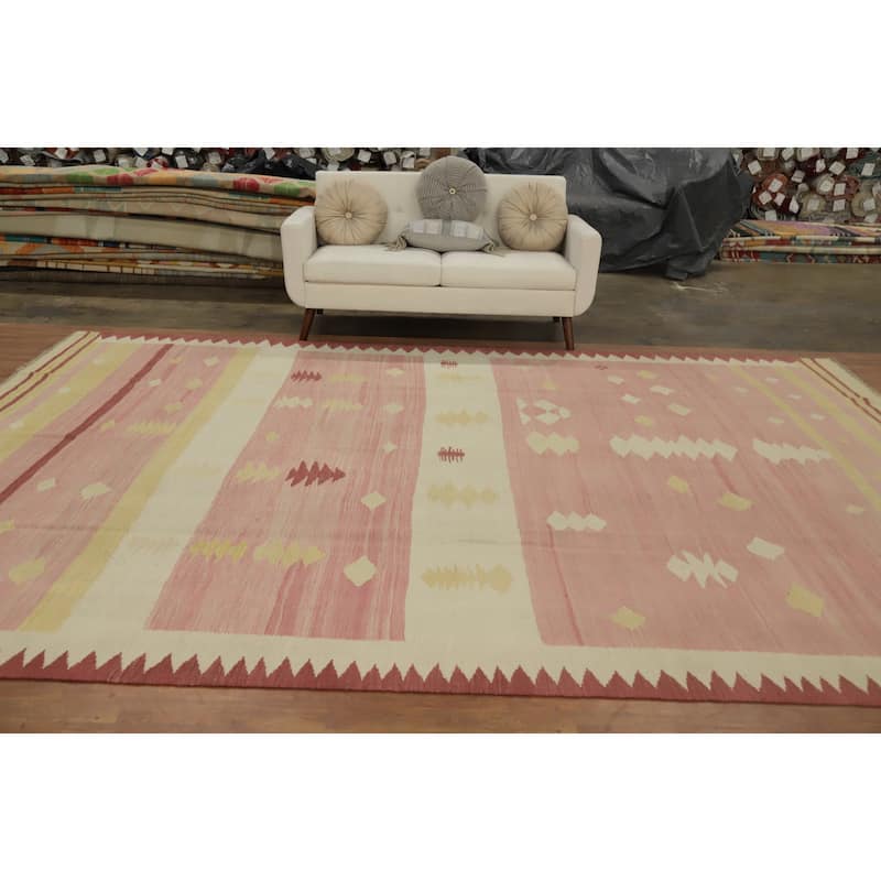 Hand Woven Oriental 100% Wool Carpet Southwestern Tribal Pink Kilim Area Rug - 13' 1'' X 9' 5''