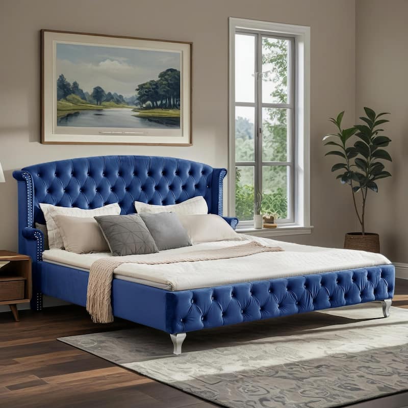 Christopher Knight Home - Larkswood Velvet Upholstered King Size Bed Frame with Wingback Headboard - Navy Blue
