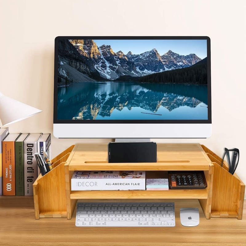 Wood Computer Monitor Stand Desktop Organizer with Drawer