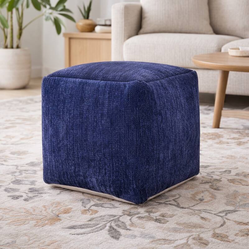 Sevita Transitional Solid Chenille Indoor Pouf - Navy