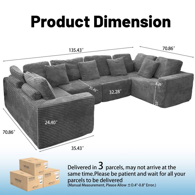 Pet Friendly Corduroy Sleeper Sofa Bed Modular U-Shaped Sectional Sofa with Chaise Lounge, Floor Standing Couch with Pillows