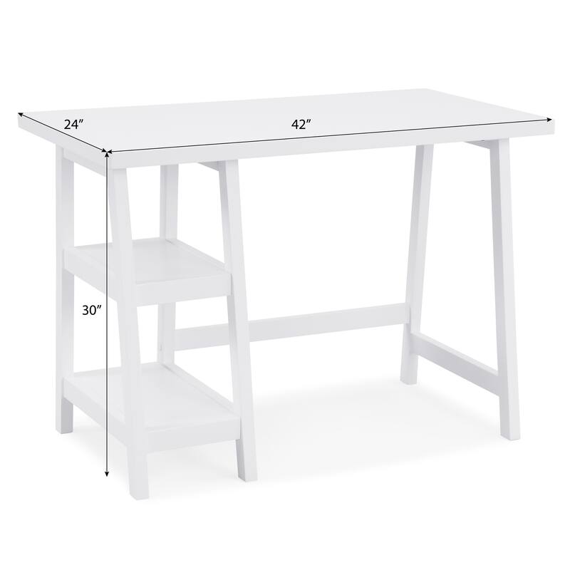 42" Modern Writing Desk with Open Shelves, MDF Top, and Rubberwood Legs