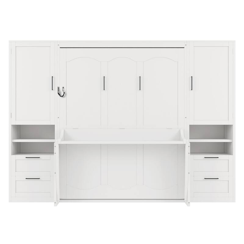 Queen Size Wall Bed with Closet, Drawers, and Shelves in White