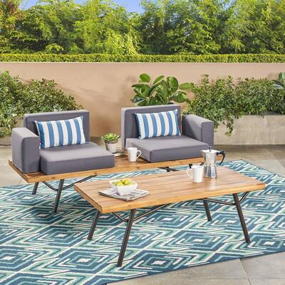 Roomfitters 3 Pcs Acacia Wood Patio Conversation Set with Metal Frame and Gray Cushions, Outdoor Seating and Table, Natural+Grey