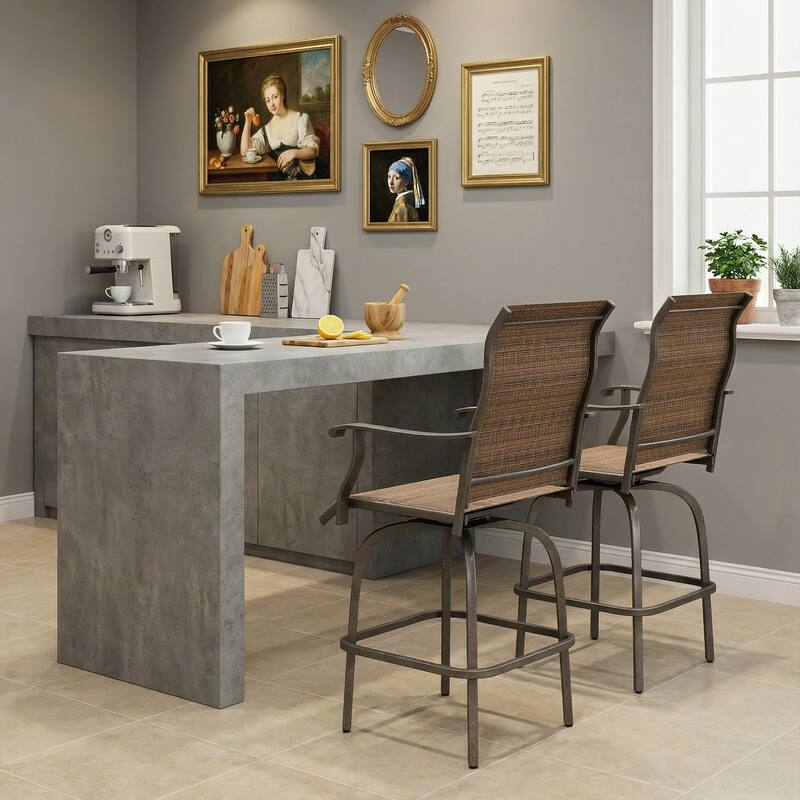 Outsunny Set of 2 Outdoor Swivel Bar Stools with Armrests, Bar Height Patio Chairs with Steel Frame for Balcony, Poolside