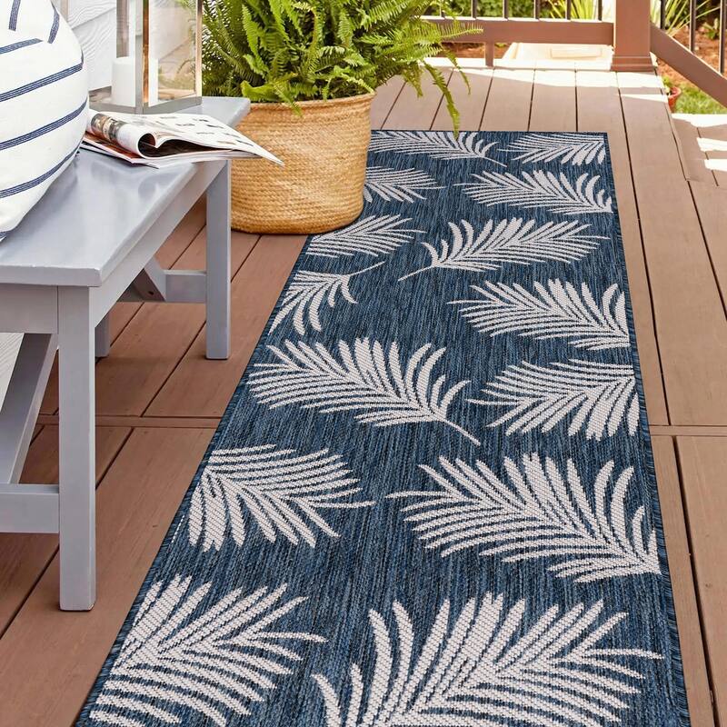 World Rug Gallery Contemporary Palm Leaves Textured Flat Weave Indoor/Outdoor Area Rug - 2'x7' Runner - Navy