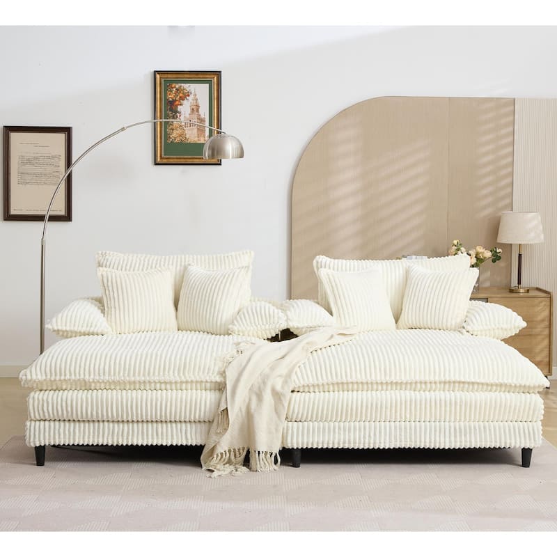 109" W Oversized Corduroy Lounge Chaise Sleeper Sofa 4 Pillows