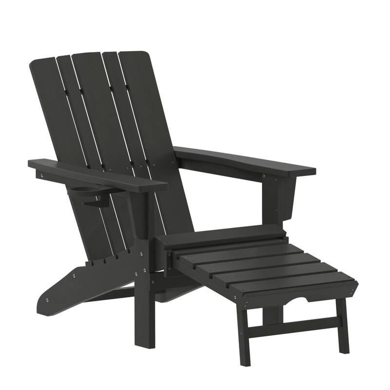 Commercial All-Weather Adirondack Chair with Pullout Ottoman & Cupholder - Black