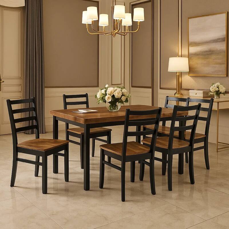 Bia 7pc Dining Table Set, Brown Chevron Tabletop, Black Ladderback Chairs