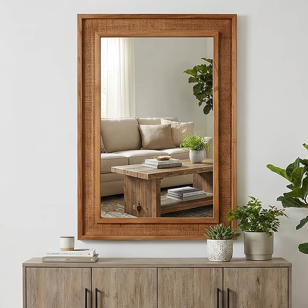 20"x30" Rattan Rectangle Solid Wood Frame Decorative Mirror,For Farmhouse,Bathroom,Home Decor,Entryway