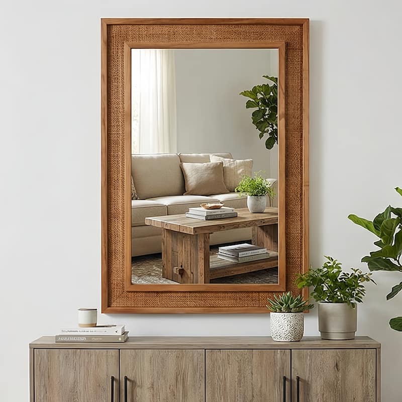 20"x30" Rattan Rectangle Solid Wood Frame Decorative Mirror,For Farmhouse,Bathroom,Home Decor,Entryway - Yellowish-Brown