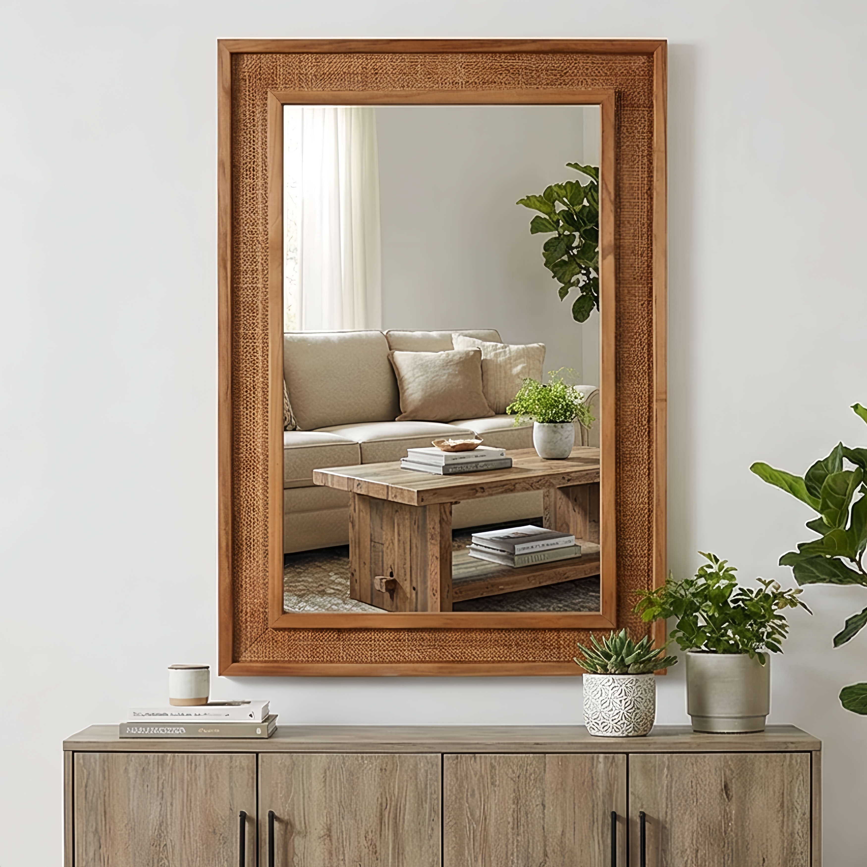 20"x30" Rattan Rectangle Solid Wood Frame Decorative Mirror for Farmhouse, Bathroom, Home Decor, Entryway