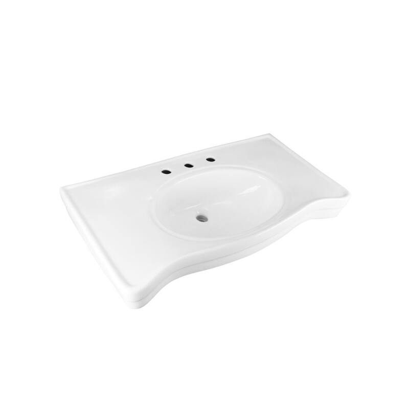 Belle White Porcelain Console Sink with Spindle Legs, Overflow and 8" Widespread Chrome Faucet - White