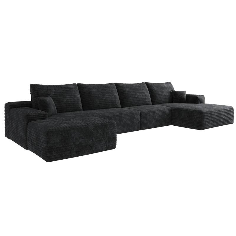 U Shaped Modular Sectional Sofa with Ottoman & Chaise, Corduroy Upholstered Boneless Couch, Corner Deep Seat Compressed Sofa