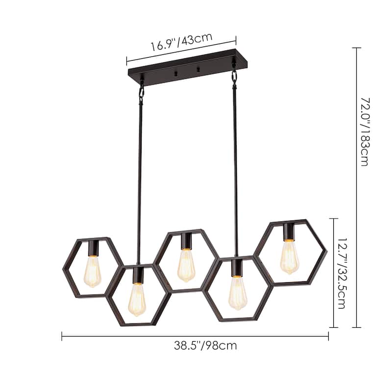 5-Light Mid-Century Modern Matte Black Geometric Pendant Island Lighting - 38.5 in. W x 72 in. H