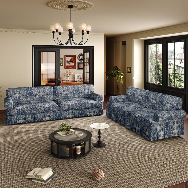 2 Piece Sofa Set for Living Room, Classic 4 Seat Couch and 3 Seat Sofa with Pleated Skirt Design, Rolled Arms Deep Seat Couches