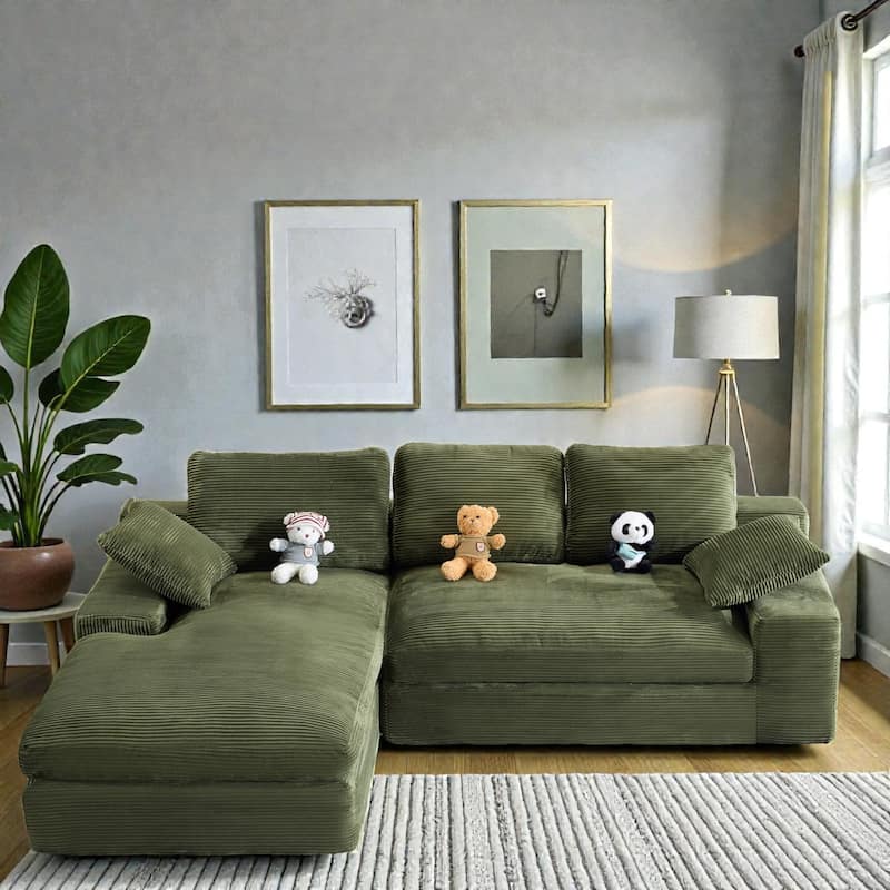 Corduroy Compressed Sofa Couch with 3 Back Cushions and 2 Throw Pillows, Soft Cloud Sofa for Living Room - Green