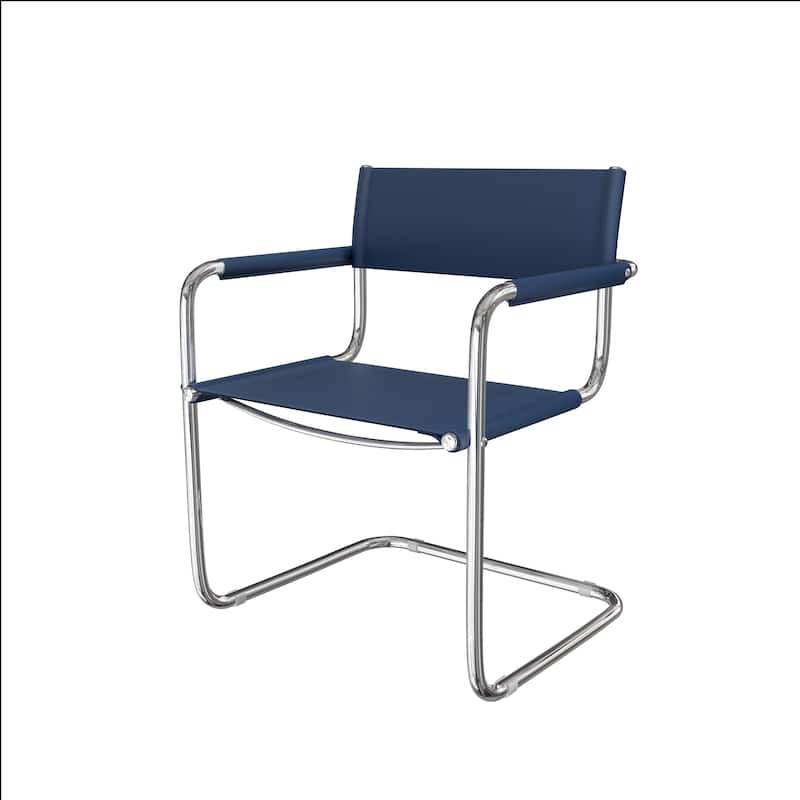 HomeRoots 23" Navy Blue and Silver Leather and Stainless Steel Arm Chair - 22.95 in. x 31.30 in. x 23.62 in.