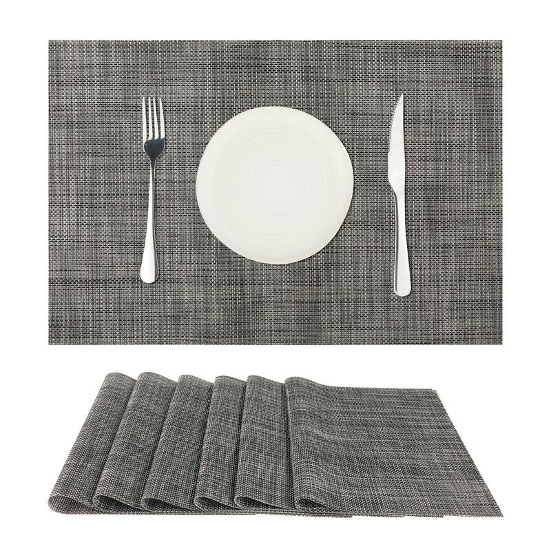 Durable Placemats for Dining Table, Washable Woven Kitchen Place Mats Set of 6 - 18x12 inch - Black Grey