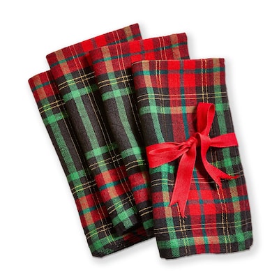 Christmas Plaid Napkin Set of 4 - Red Multi Cotton Kitchen Cloth Napkins, Machine Washable, 20" x 20"
