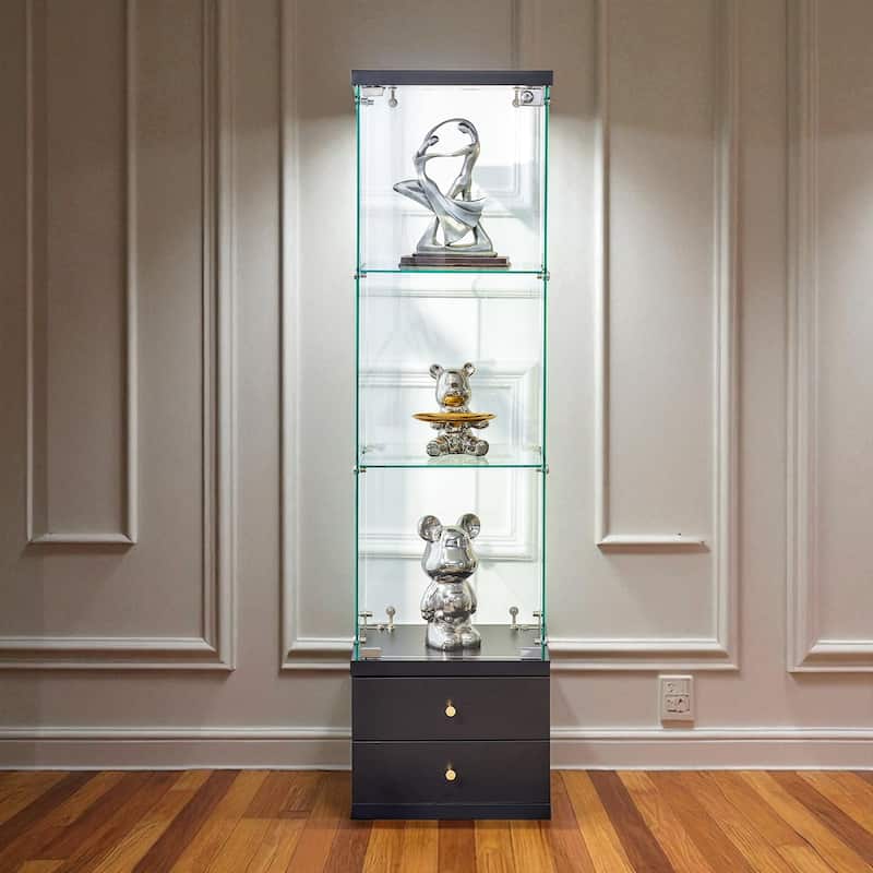 Non-Lit Glass Display Cabinet with Lockable Door and Soft-Close Drawers, 3 Adjustable Shelves, Tempered Glass Showcase - Black