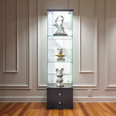 Non-Lit Glass Display Cabinet with Lockable Door and Soft-Close Drawers, 3 Adjustable Shelves, Tempered Glass Showcase