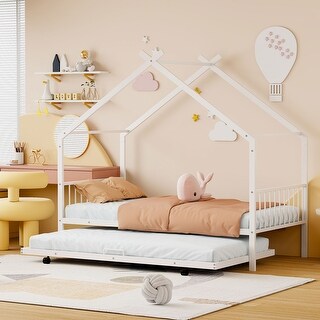 White Twin Size Metal House Bed with Trundle & Roof