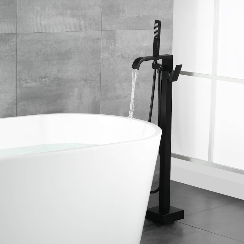 Freestanding Bathtub Faucet With Hand Shower Waterfall Tub Faucets With Handheld Shower Floor Mount Tub Filler - Matte Black