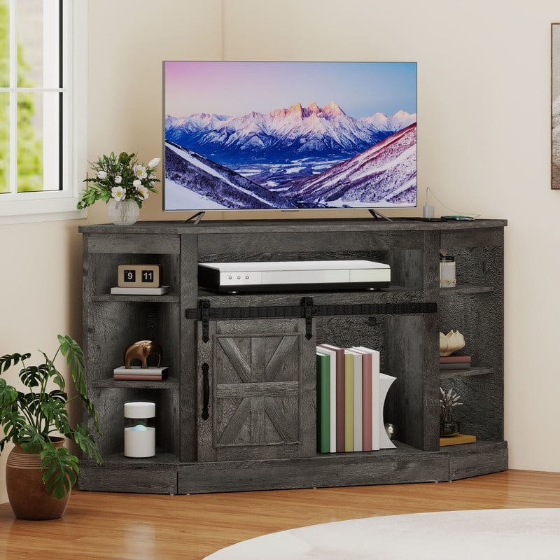 Moasis 47.2" W Corner TV Stand with Power Outlet, Barned-Door Cabinet