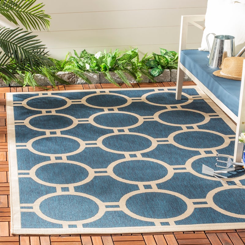 SAFAVIEH Courtyard Sweta Indoor/ Outdoor Waterproof Patio Backyard Rug - 6'7" x 9'6" - Navy/Beige