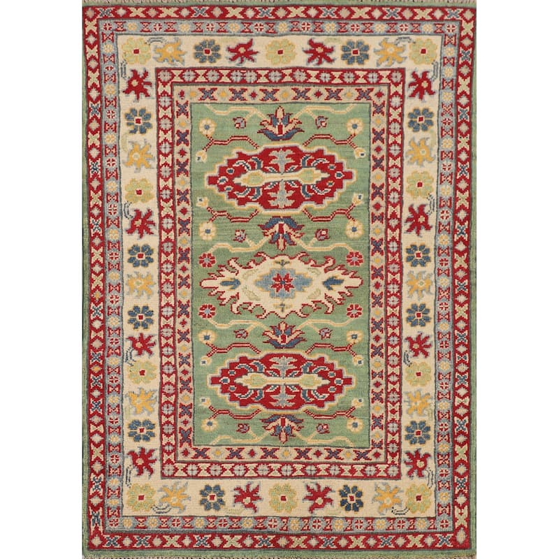 Light Green Kazak Oriental Rug Handmade Traditional Wool Carpet - 2'7" x 3'10"
