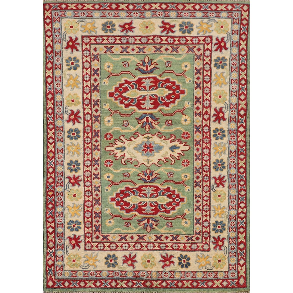 Light Green Kazak Oriental Rug Handmade Traditional Wool Carpet - 2'7" x 3'10"