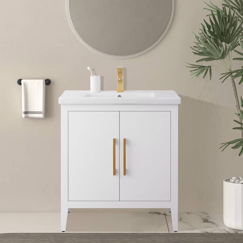 Vanity Art 20" or 24" or 30" Single Sink Bathroom Vanity Cabinet with Ceramic Top - 30"/Golden Brushed - White