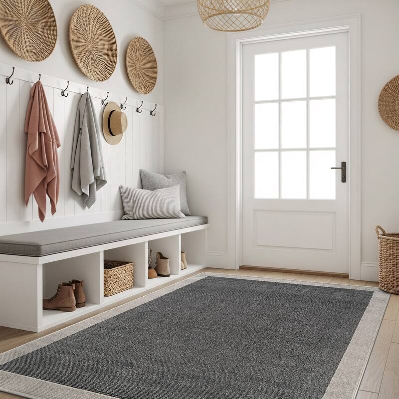 Modern Geometric Stripe Bordered Area Rug for Living Room, Bedroom, or Entryway - Low Pile Indoor Rug - Black - 4' x 6'