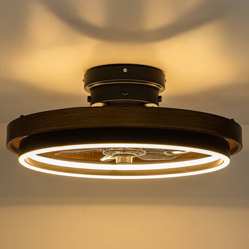 20 in. Farmhouse Black Wheel 3-Color Temperature LED Semi-Flush Mount Fan Light, Remote Control Included