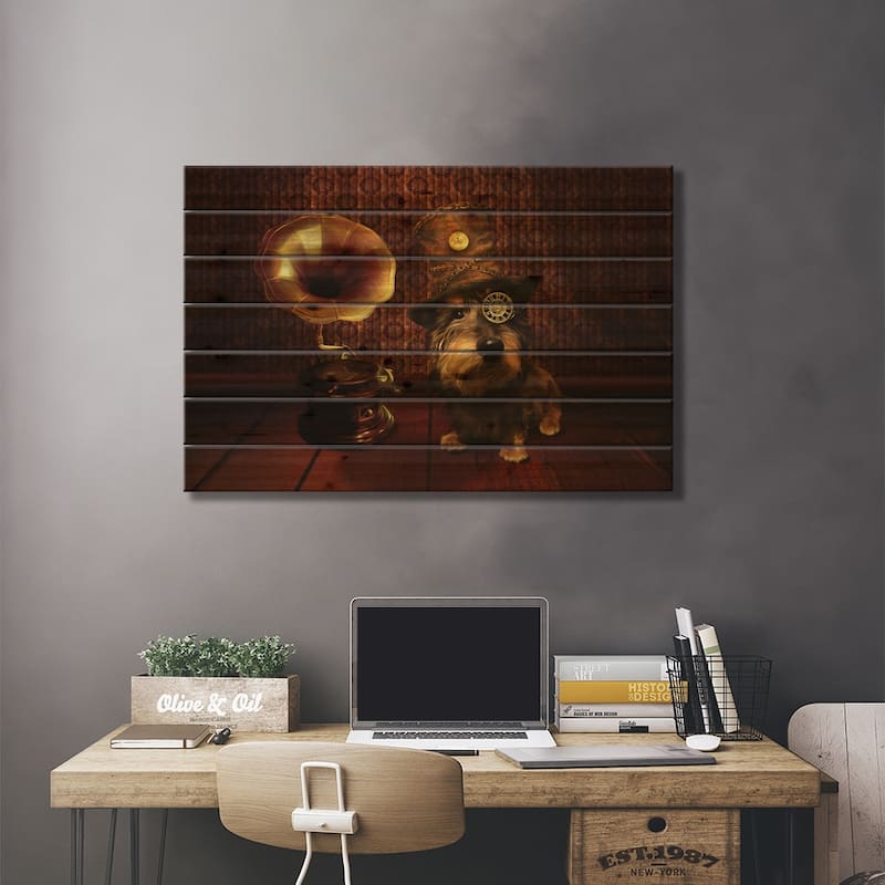 Steampunk Dog Print On Wood by Babette Van den Berg - Multi-Color