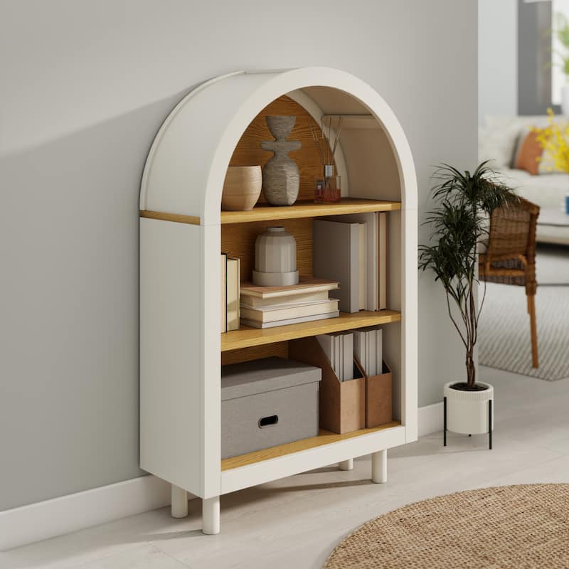 Anmytek Arched 3-Tier Bookcase, White with Woodgrain Shelves, Modern Storage Cabinet for Living Room Bedroom Entryway