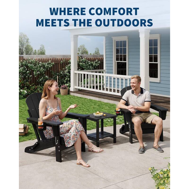 Adirondack Chair Set of 2 with Side Table All-Weather HDPE Wood-Look Texture Cup Holders