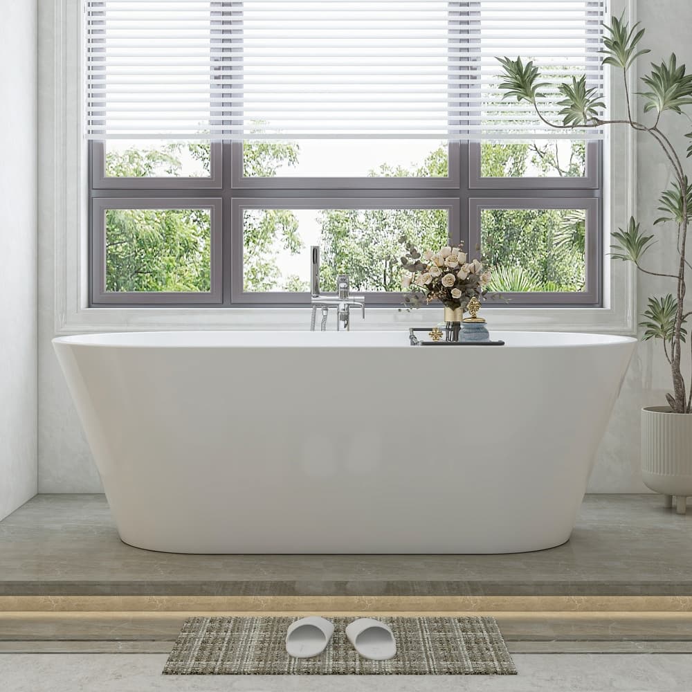Vanity Art 59" Non-Slip Acrylic Freestanding Soaking Bathtub with Overflow & Pop-up Drain