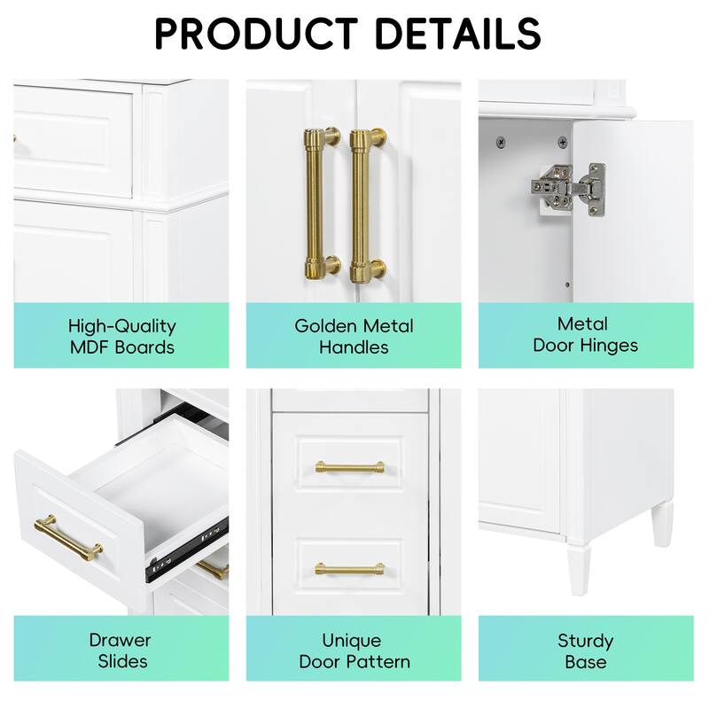 36" Freestanding Bathroom Vanity with Sink, Solid Pinewood & MDF Cabinet, 4 Drawers, 2 Doors, Gold Metal Handles