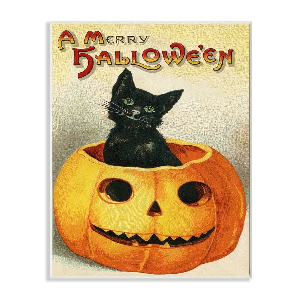 Stupell A Merry Halloween Black Cat Pumpkin Seasonal Holiday Design Wood Wall Art