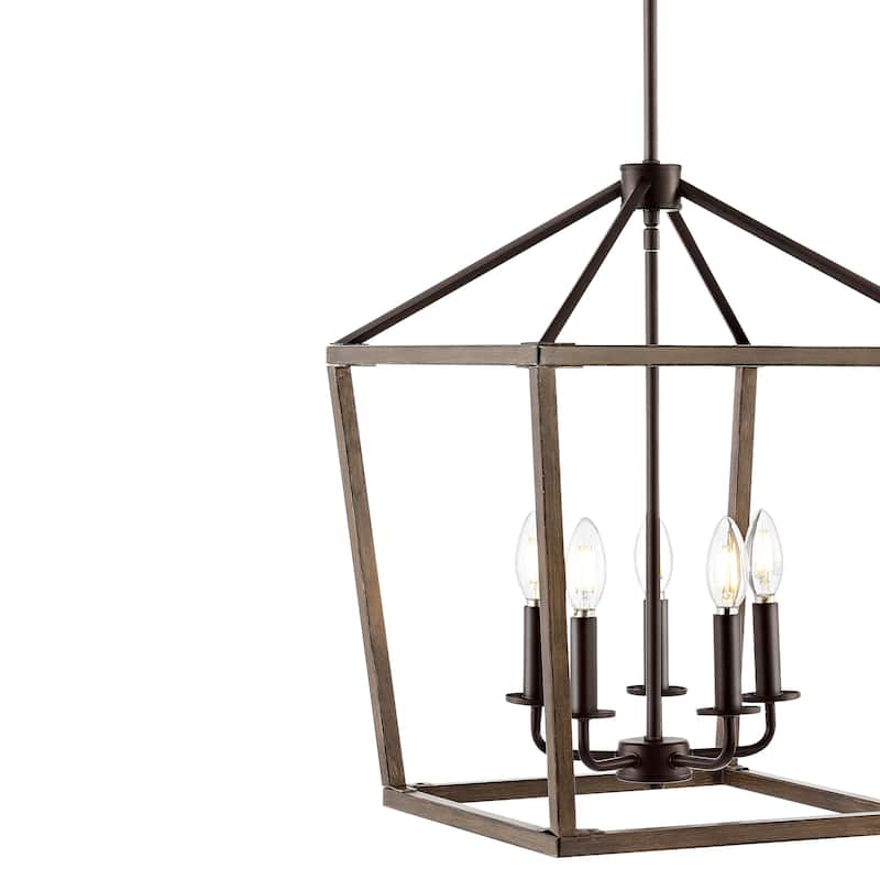 Oria Iron Farmhouse Industrial Lantern LED Pendant, Oil Rubbed Bronze/Faux Wood by JONATHAN Y